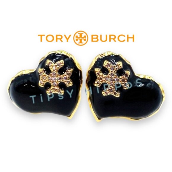 Beautiful Tory Burch Gold & Black Heart Shaped Earrings - Picture 1 of 4